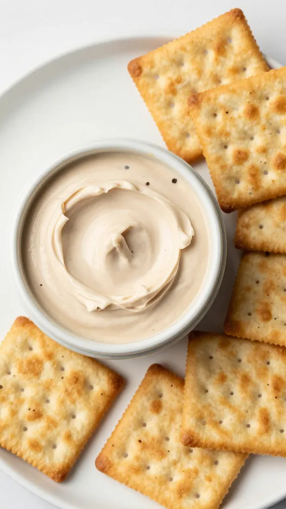 no-cook snack spread with dips and crackers, overhead shot