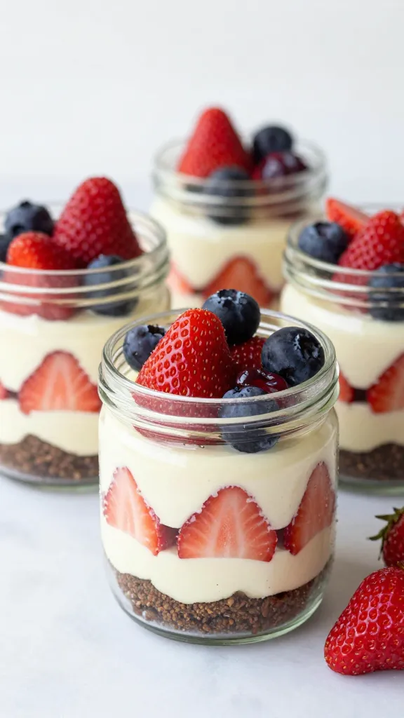 Strawberry cheesecake jars layered with crushed cookies and berries