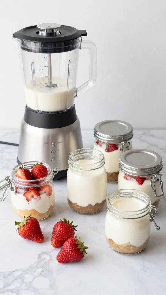No-bake dessert ingredients on marble: blender, jars, strawberries