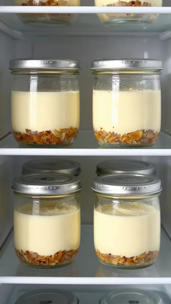 Chilled cheesecake jars in fridge, condensation, bright summer light
