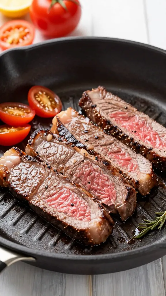 skillet reheating thin steak slices, bright summer toppings nearby