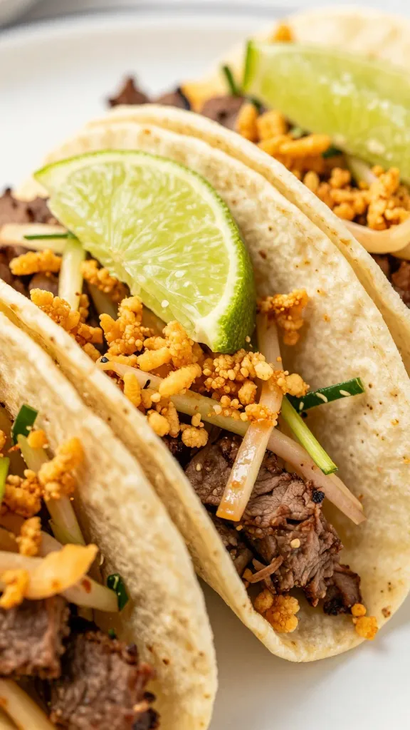 close-up crunchy slaw and lime on flour steak tacos