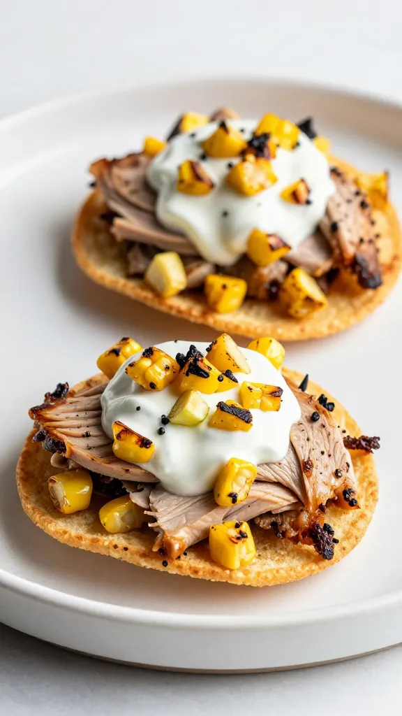 Smoky turkey street tostadas with charred corn, lime crema