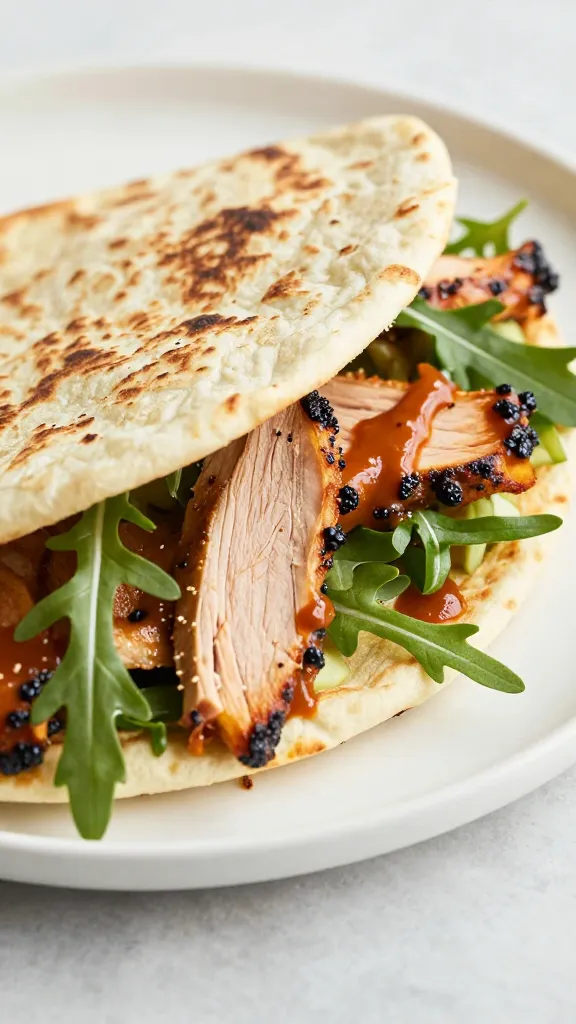 Leftover BBQ turkey flatbread with tangy sauce and arugula