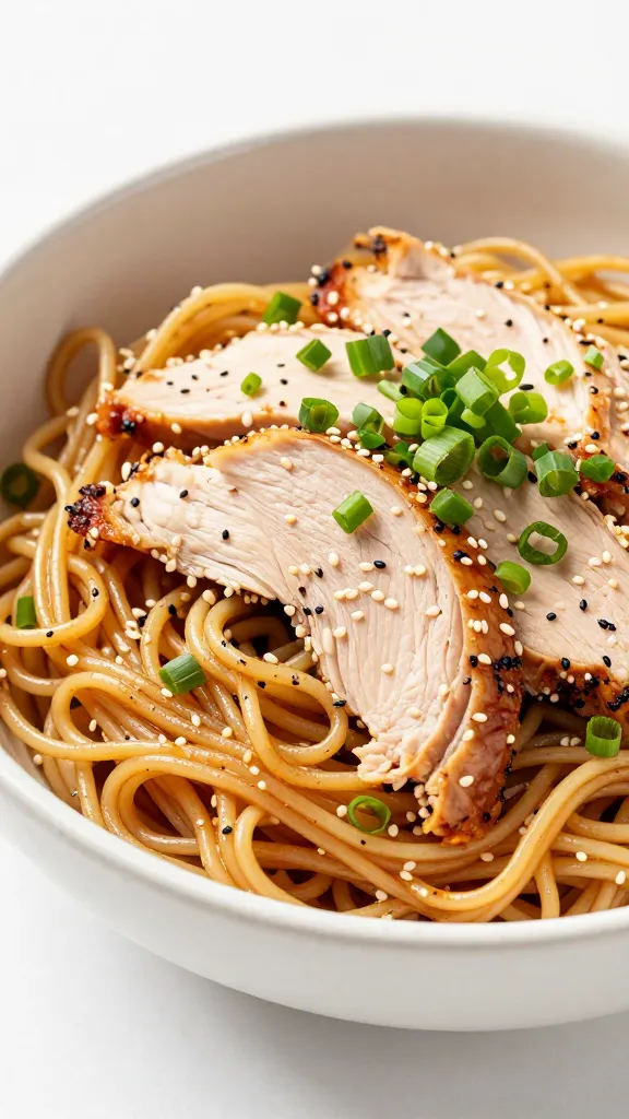 Zingy sesame noodle bowl with sliced BBQ turkey and scallions