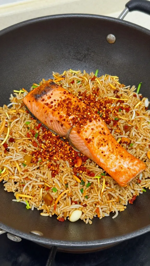 crispy salmon fried rice with chili crunch in wok