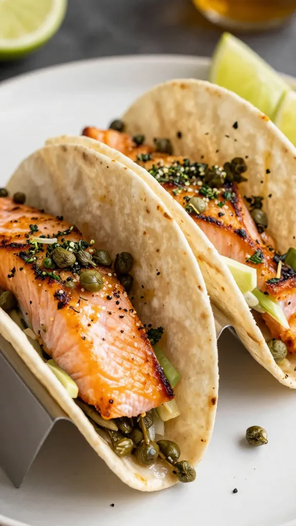 leftover grilled salmon tacos with capers and herbs