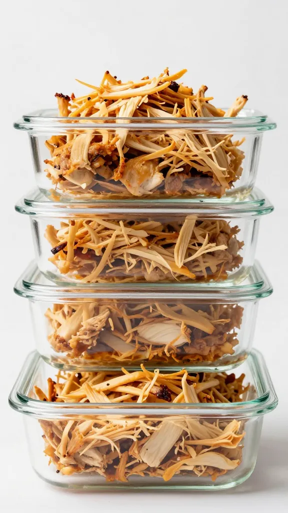Shredded rotisserie chicken in glass meal-prep containers