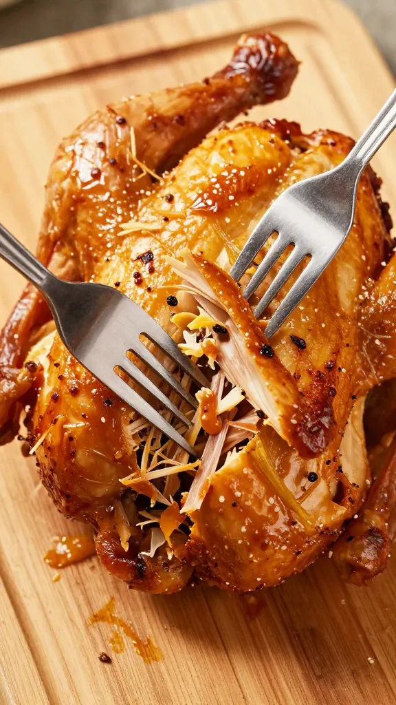 Two forks shredding warm rotisserie chicken on wooden board