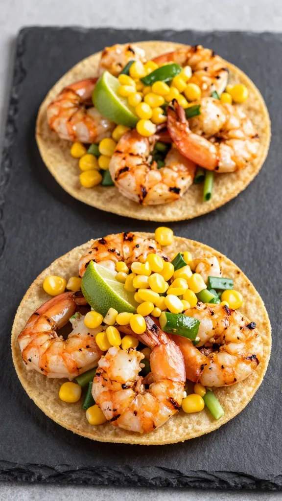 grilled shrimp tostadas with corn-lime slaw on slate plate