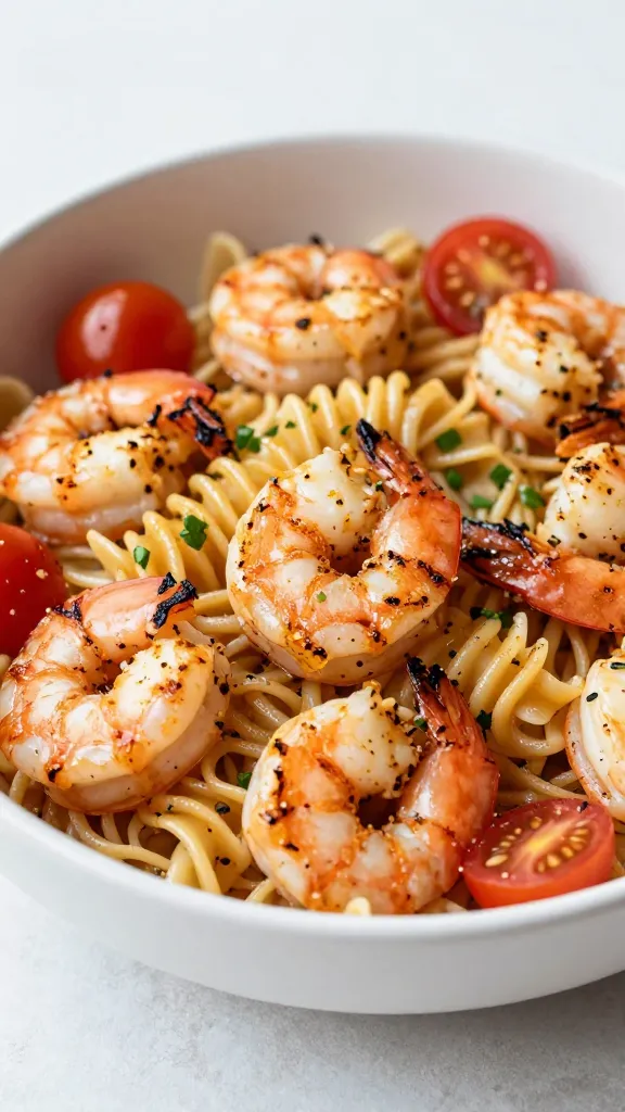 chilled grilled shrimp pasta salad with cherry tomatoes bowl