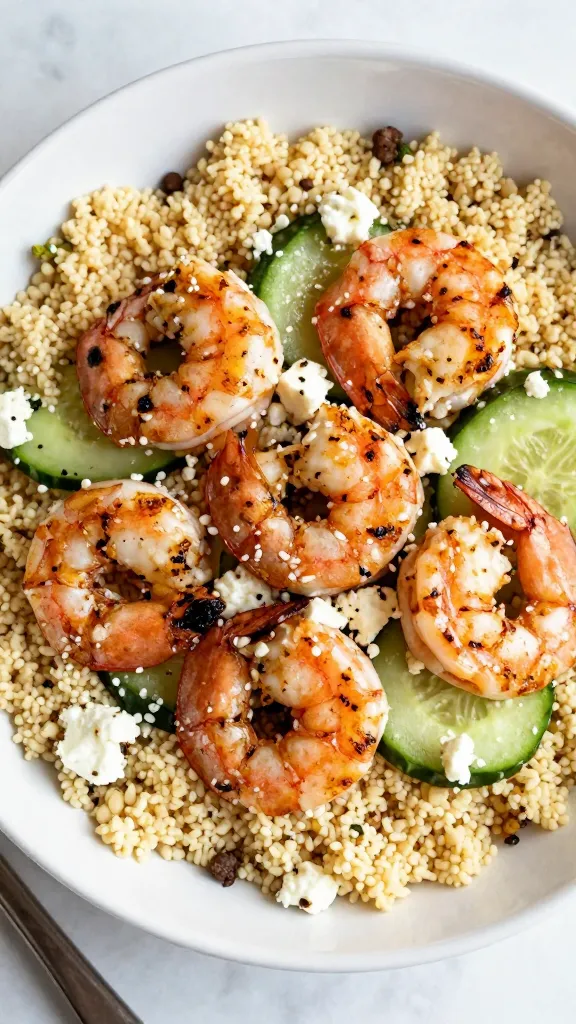 mediterranean grilled shrimp couscous bowl with cucumber and feta