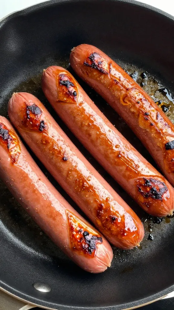 Seared sliced hot dogs in skillet, crisp caramelized edges