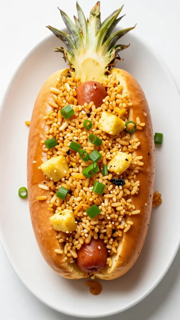 Hot dog fried rice with pineapple and scallions, overhead
