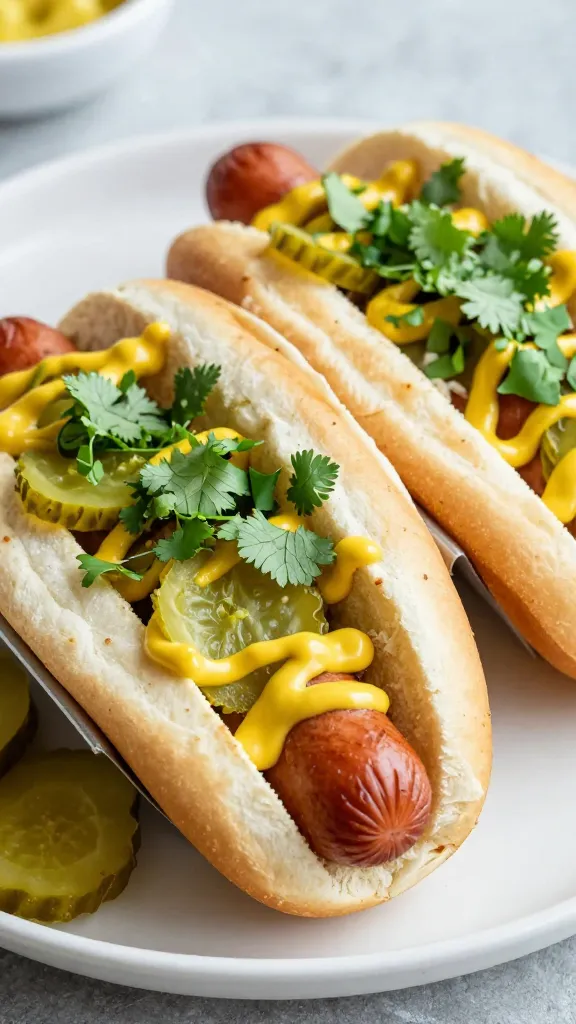Loaded hot dog tacos with pickles, mustard drizzle, cilantro