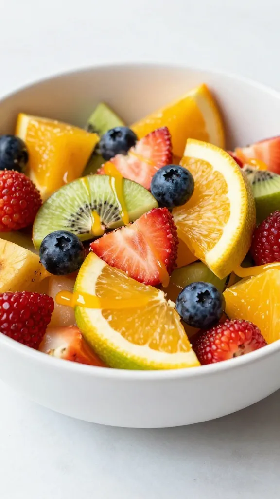 vibrant summer fruit salad in white bowl, citrus drizzle