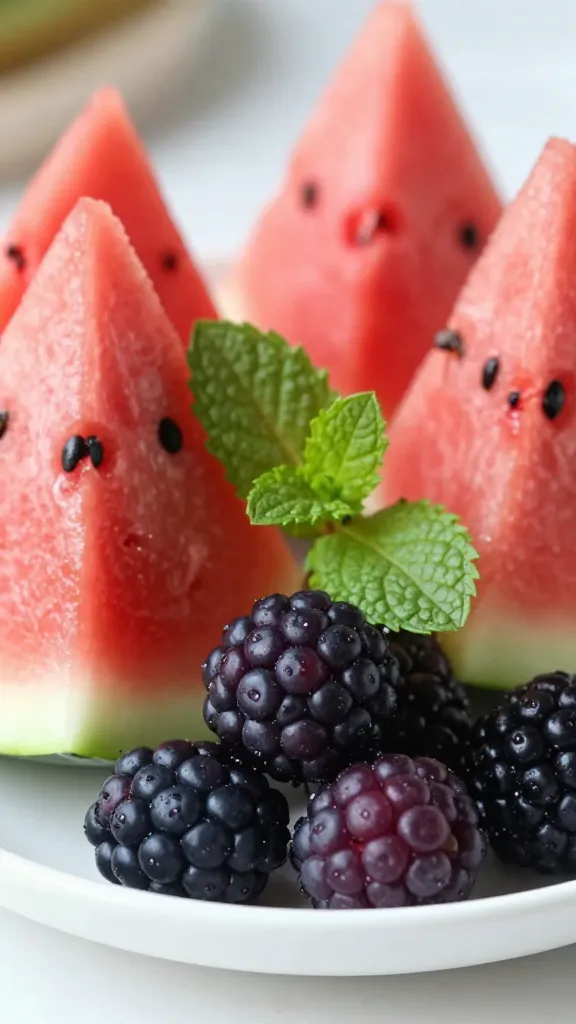 close-up fresh berries, watermelon, and mint on platter