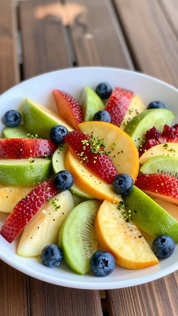 BBQ picnic table fruit salad, lime zest garnish, natural light