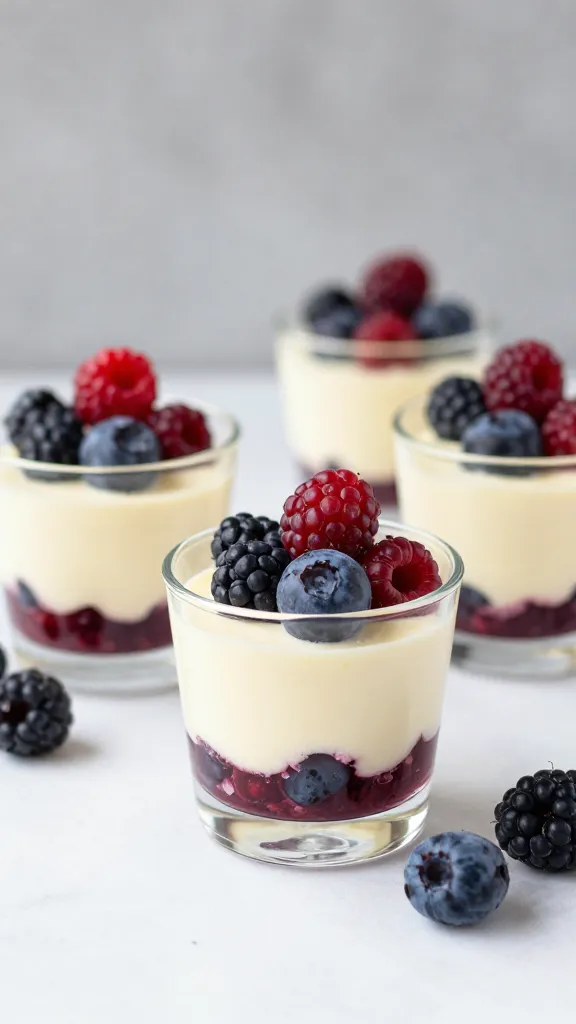 Berry cheesecake cups in clear glasses, fresh berries, studio light