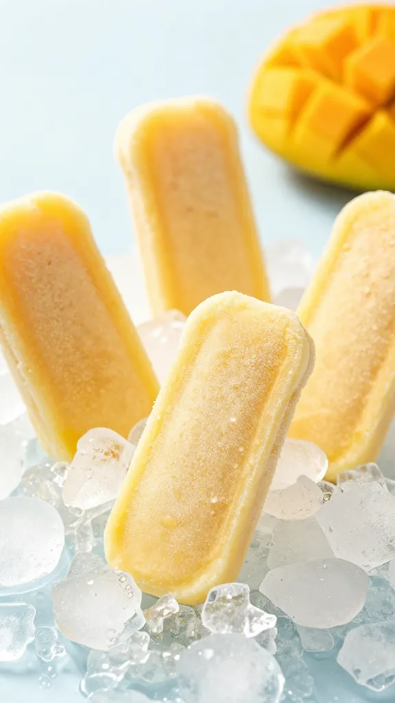 Frozen mango yogurt pops on crushed ice, bright summer lighting