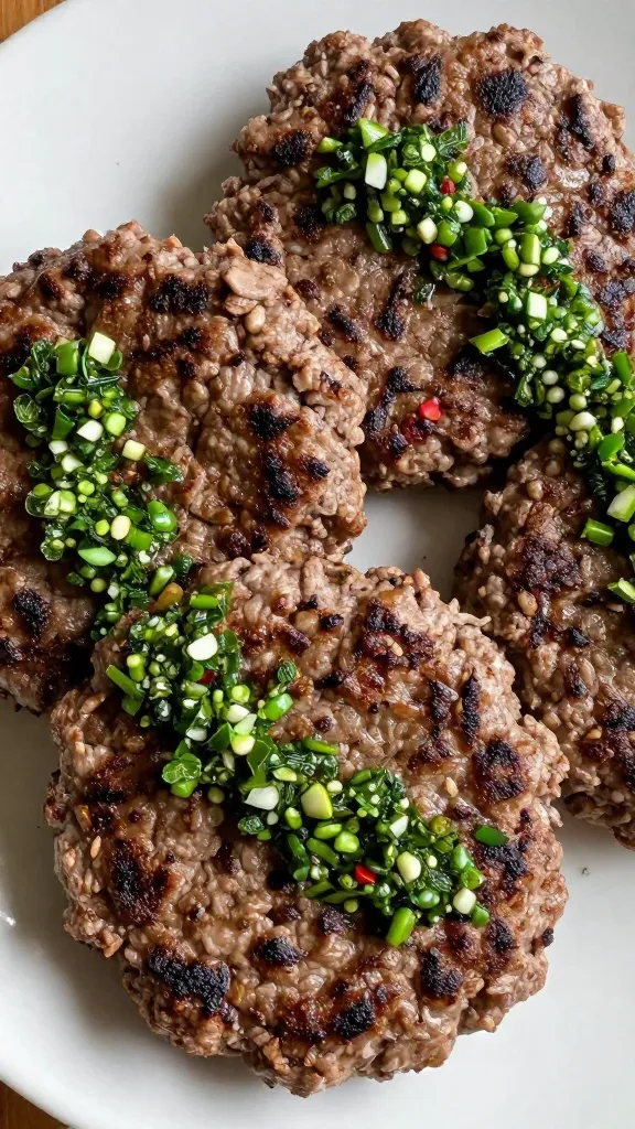 Leftover burger patties sliced over chimichurri on plate
