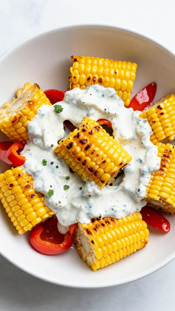 Grilled corn and peppers tossed with ranch in bowl