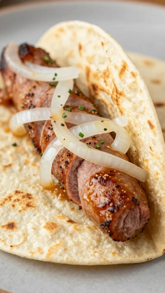 Sliced brats and onions stuffed into toasted tortillas