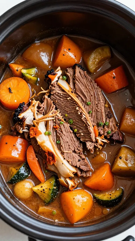 leftover brisket stew in crockpot with summer vegetables