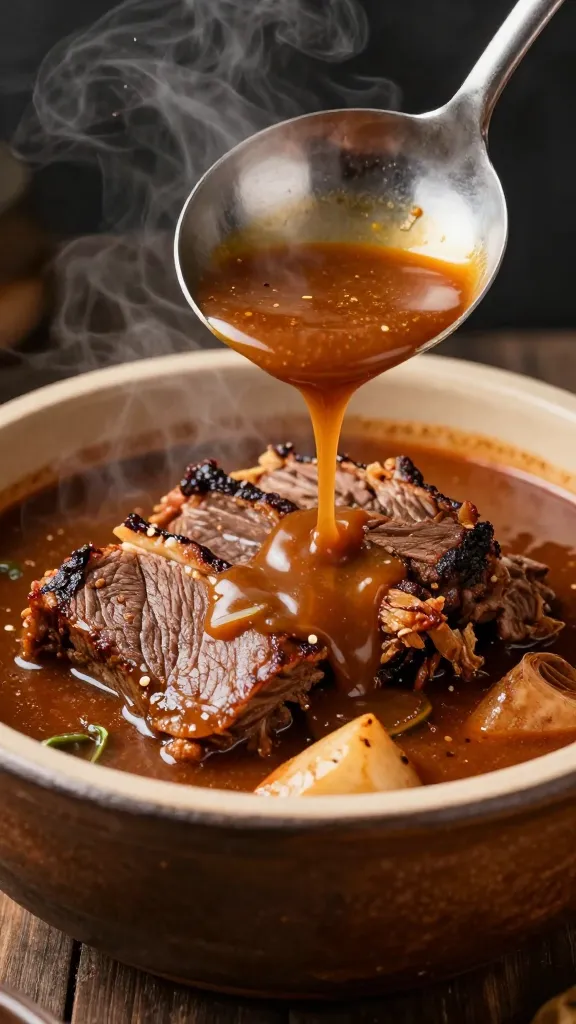 ladle lifting smoky brisket stew over rustic bowl