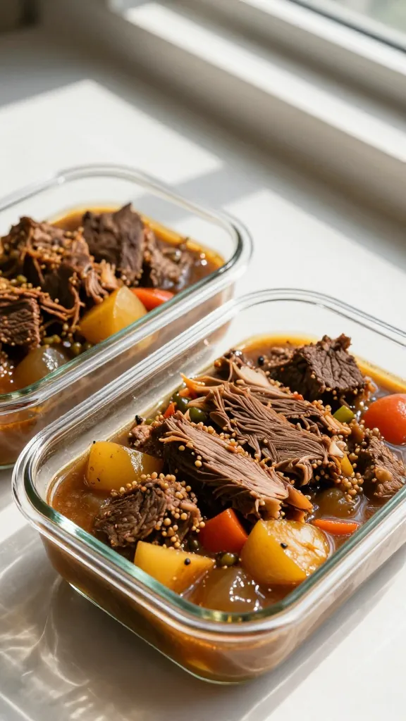 meal-prepped brisket stew in glass containers, porch sunlight
