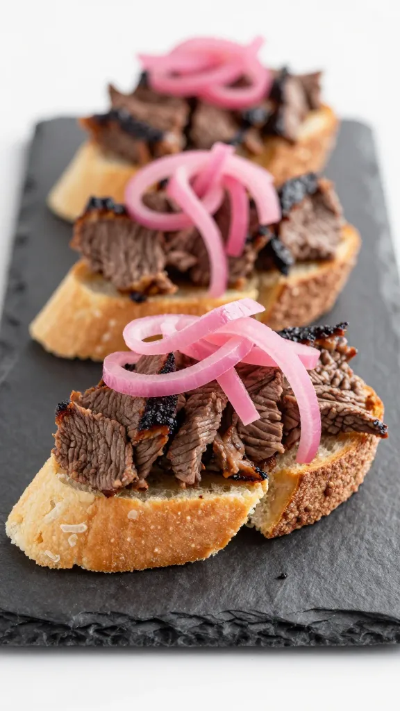 bbq beef crostini with pickled onions on slate board