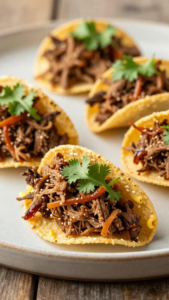 crispy tortilla cups filled with shredded bbq beef, cilantro