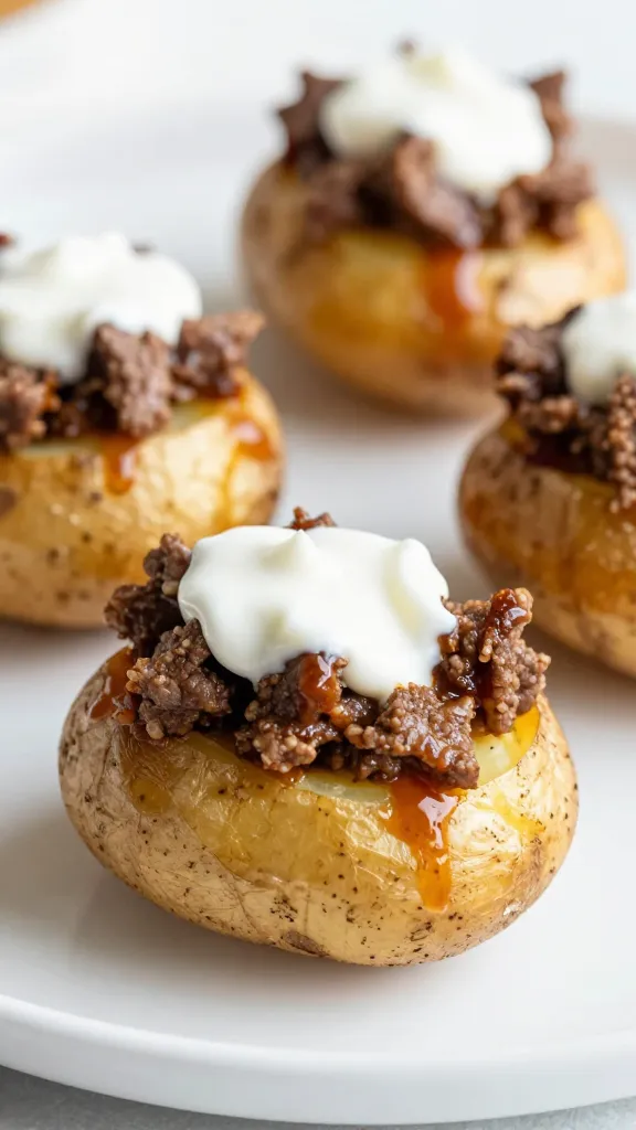 mini baked potatoes topped with bbq beef and crema