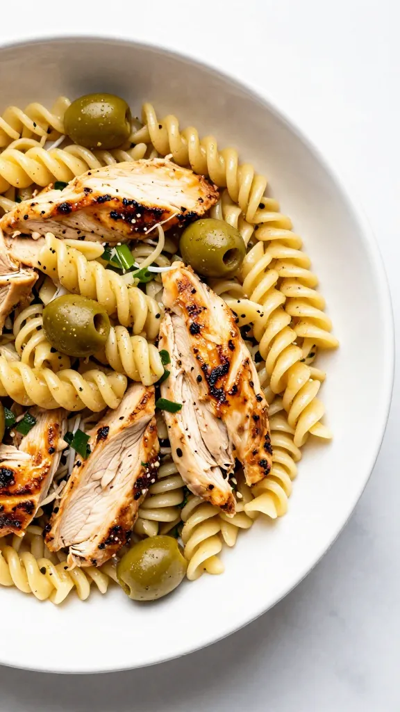 leftover grilled chicken pasta salad with olives on white bowl