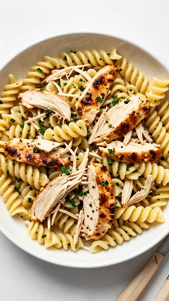 shredded grilled chicken pasta salad with herbs, overhead shot