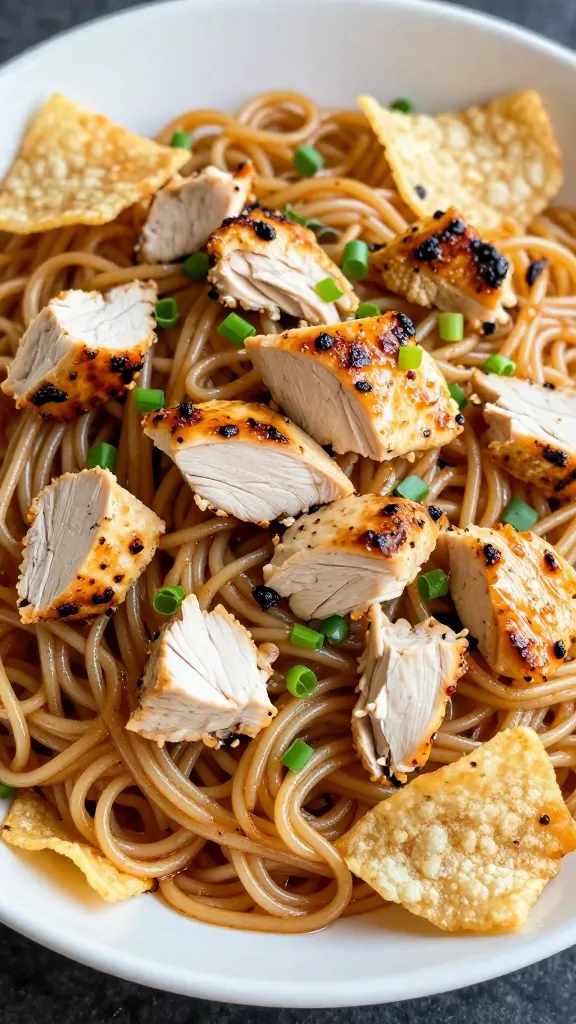cold noodle salad with cubed grilled chicken and crunchy chips
