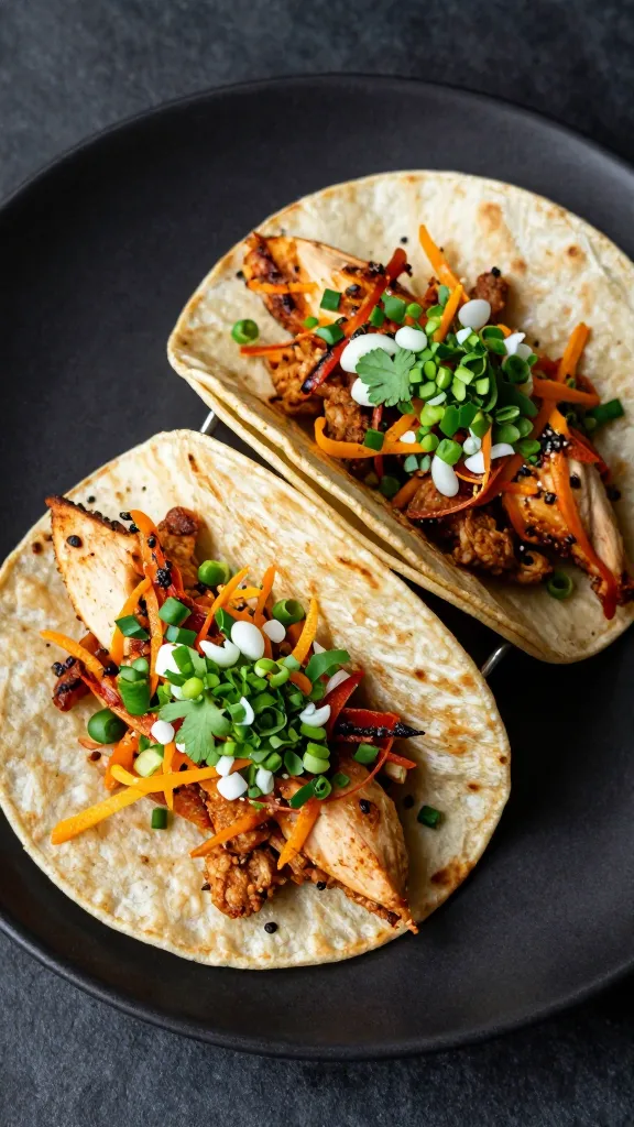 slaw-topped chicken tacos on matte black plate
