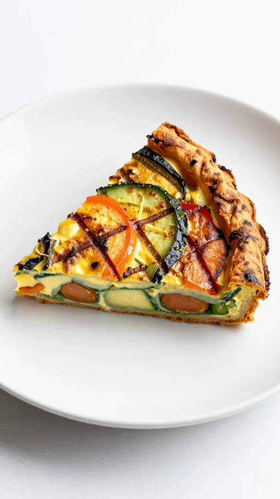 grilled vegetable frittata slice on white ceramic dish
