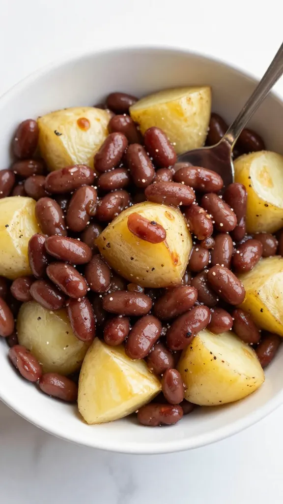 baked bean and potato salad bowl with spoon