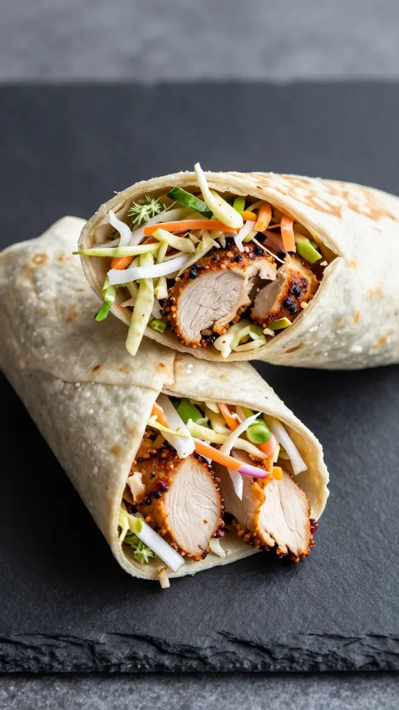 leftover BBQ chicken wrap with crunchy slaw on slate