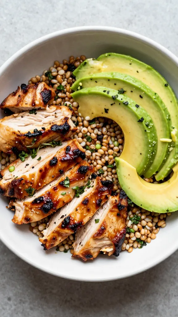 BBQ chicken grain bowl with avocado and herbs, overhead