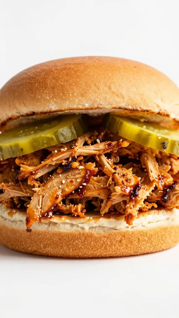 shredded BBQ chicken sandwich with pickles on brioche bun