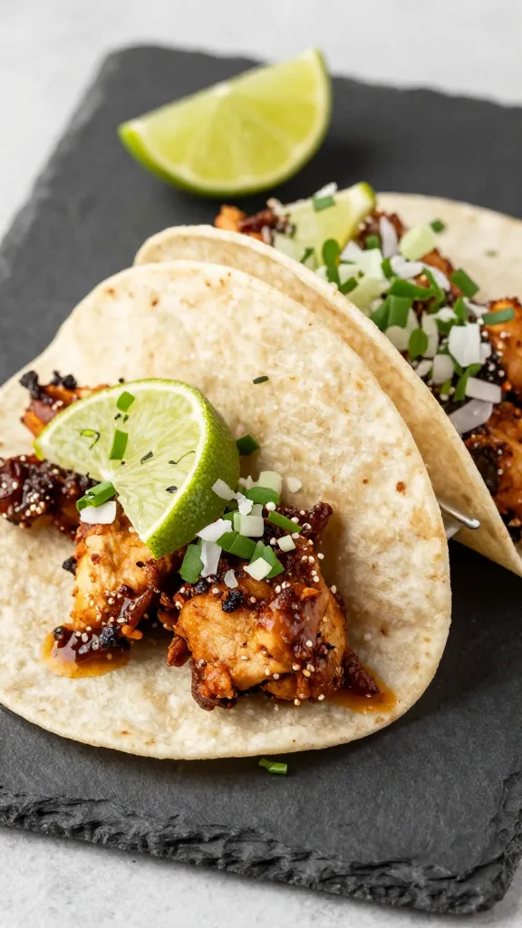 smoky chipotle chicken tacos with lime wedges on slate plate