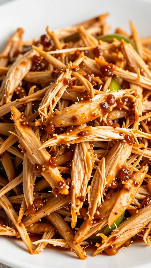 shredded leftover chicken tossed in chipotle-lime sauce, close-up