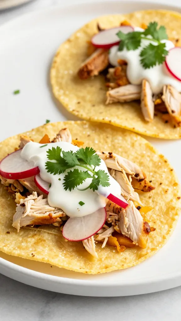 warm corn tortillas topped with chicken, radish, cilantro, crema