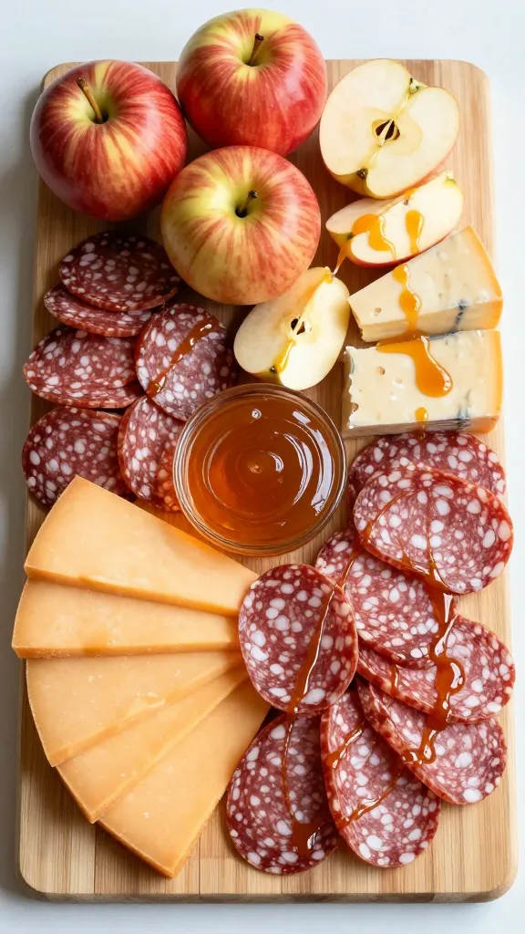 fall charcuterie board with apples, cheddar, salami, maple drizzle