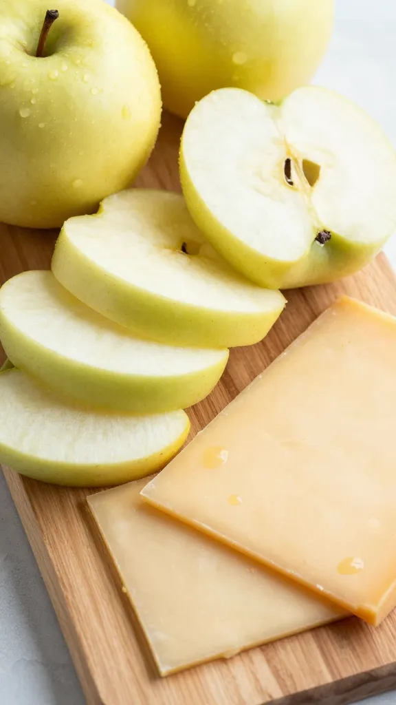 sliced honeycrisp apples and sharp cheddar on wooden board