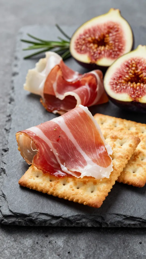 prosciutto, figs, rosemary crackers on rustic slate platter