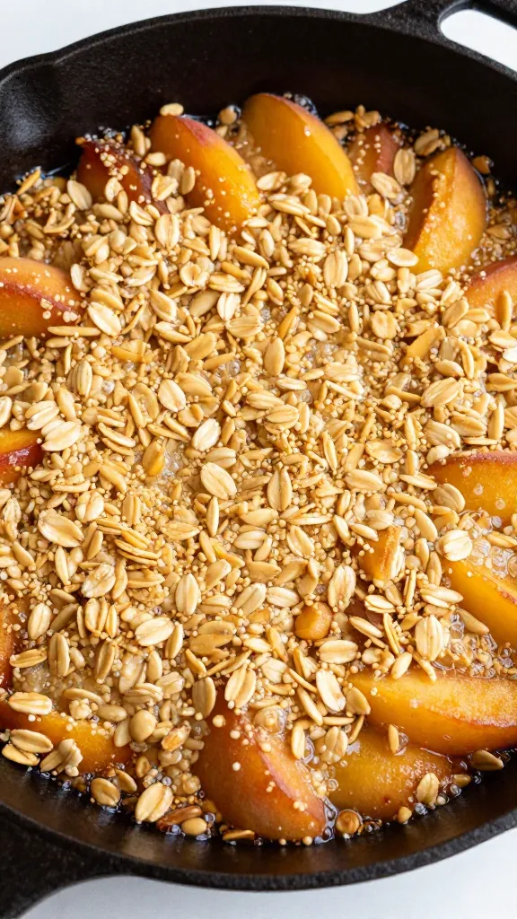 Peach crisp in cast-iron skillet, bubbling, golden oat topping