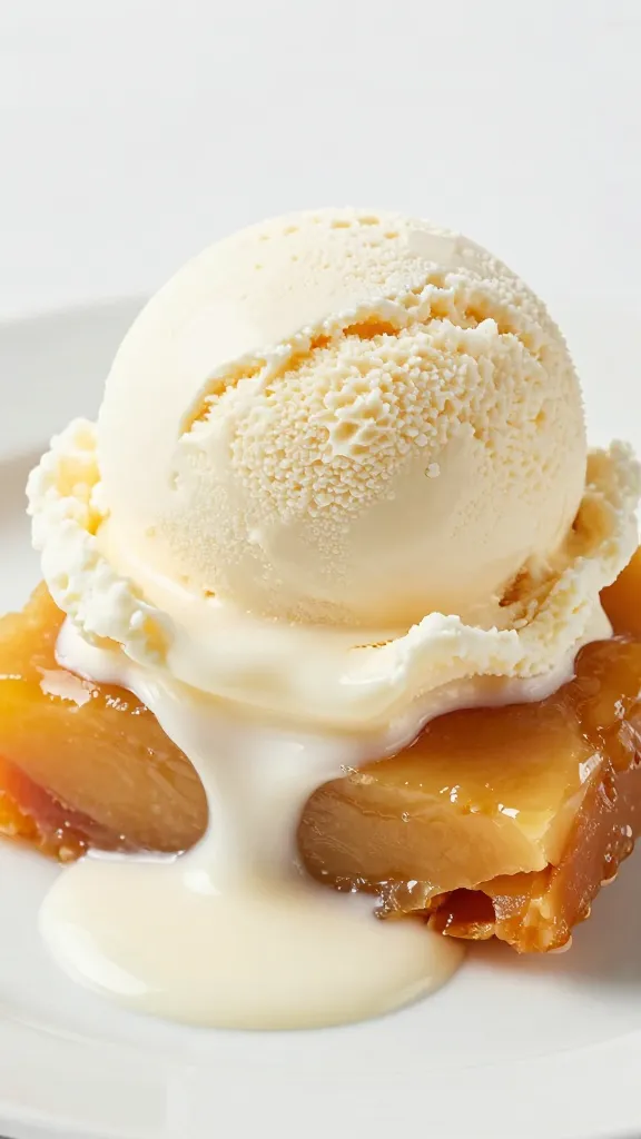 Scoop of vanilla ice cream melting on warm peach crisp